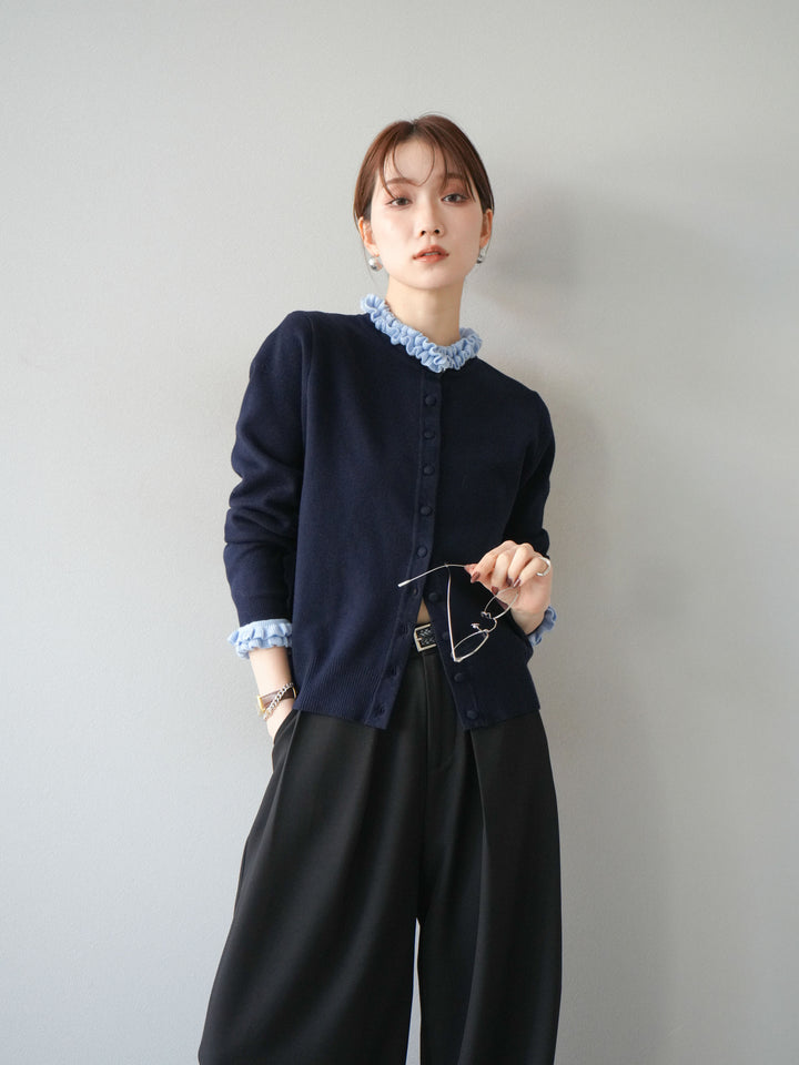 [予約]フリルデザインコンパクトニットカーディガン/ネイビー