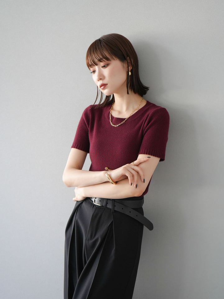 [予約]バックホールハーフスリーブリブニットトップス/ボルドー