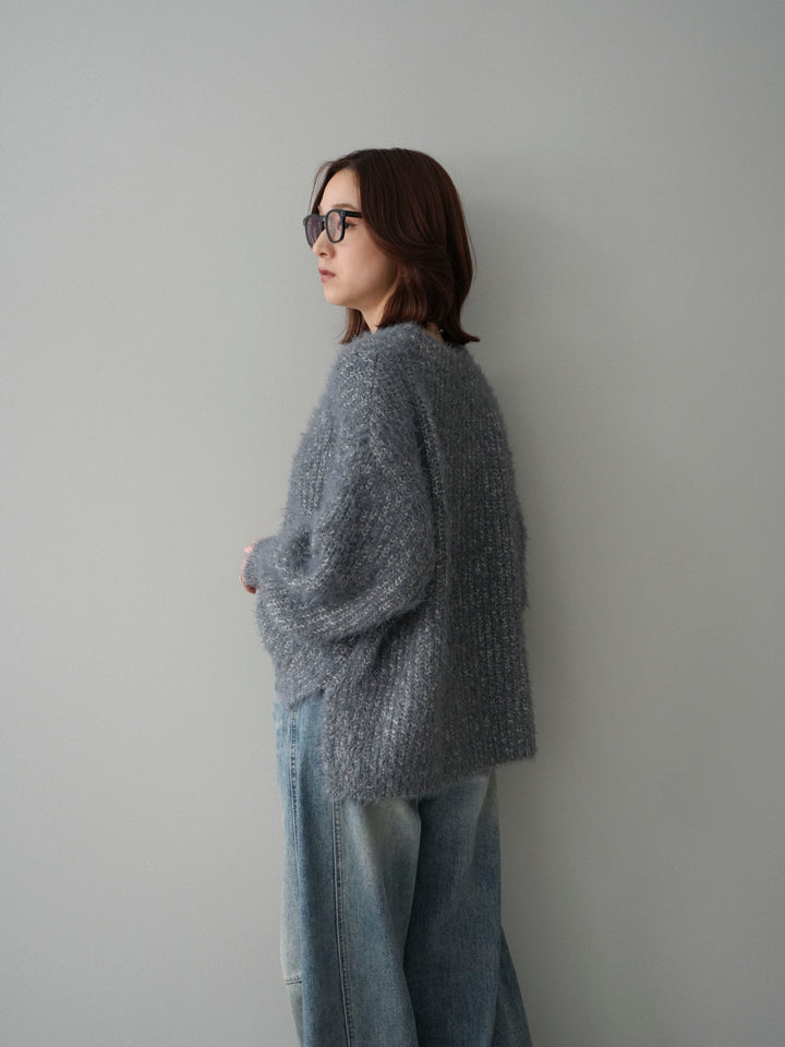 [SET]ボリュームスリーブシャギー MIXニットプルオーバー+ベルト付カーブデニムパンツ(2set)