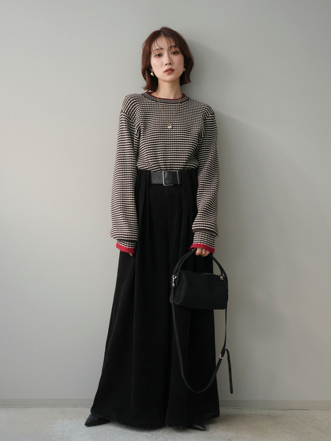 [SET]ラメ異素材ボーダーリブニットプルオーバー+ベルトデザインループコールテンワイドパンツ(ベルト付き)(2set)
