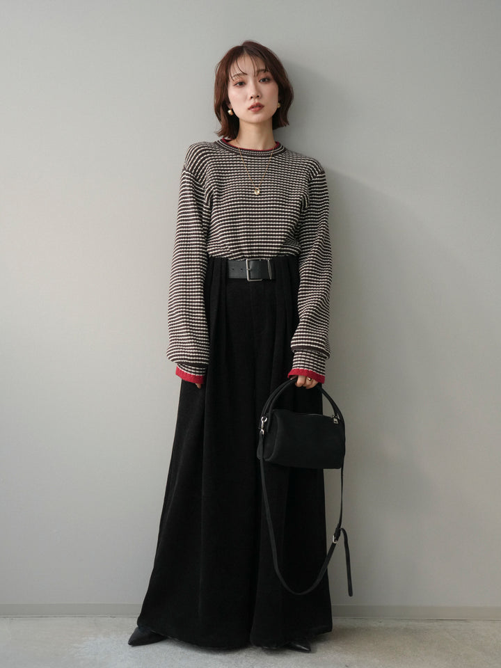 [SET]ラメ異素材ボーダーリブニットプルオーバー+ベルトデザインループコールテンワイドパンツ(ベルト付き)(2set)