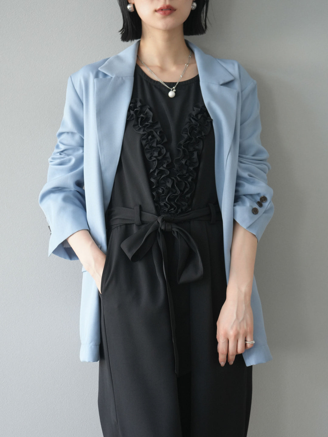 [予約]リネンタッチテーラードジャケット/ライトブルー