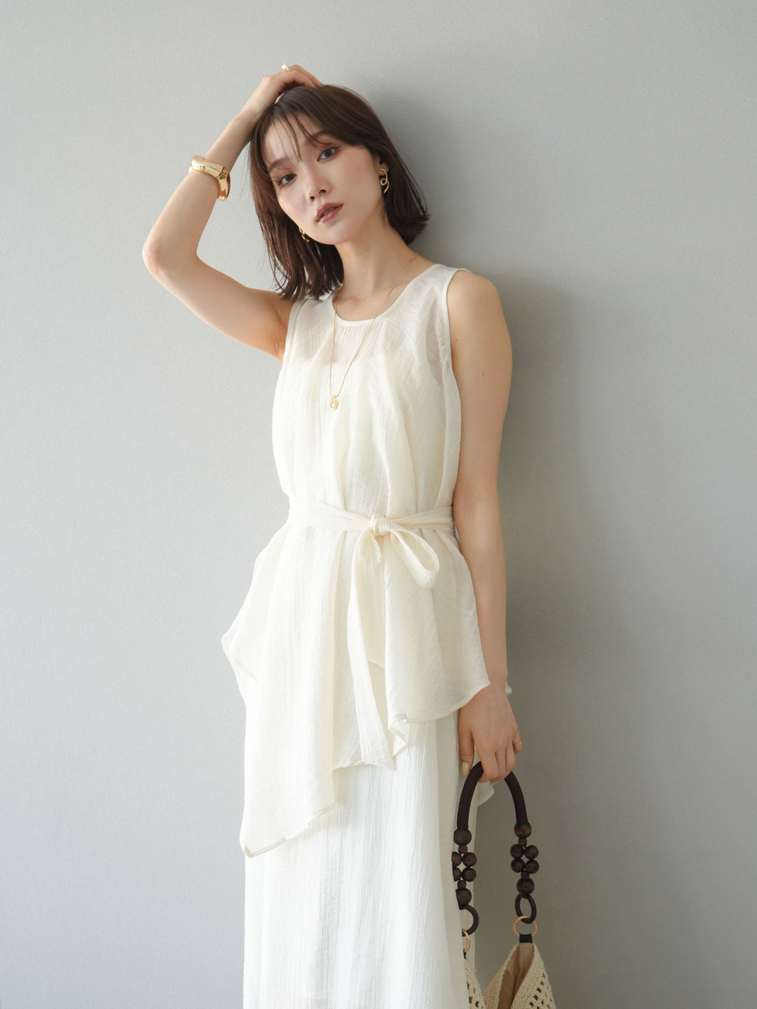 [SET]ワッシャーシアーアシメブラウス＆キャミワンピース+選べるアクセセット(2set)