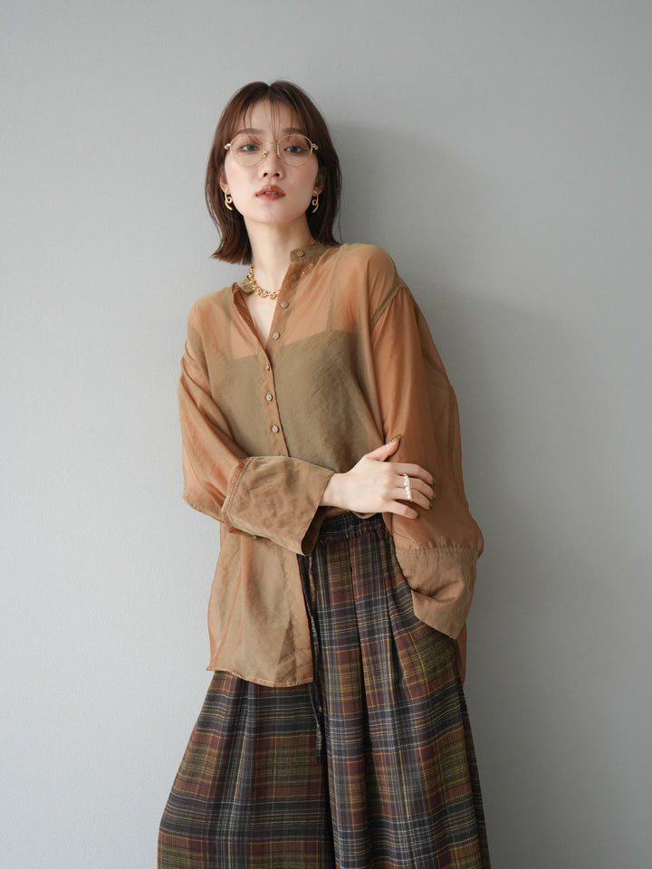 [SET] 亮面透視立領襯衫 + 透視格紋寬鬆褲 (2 件套)