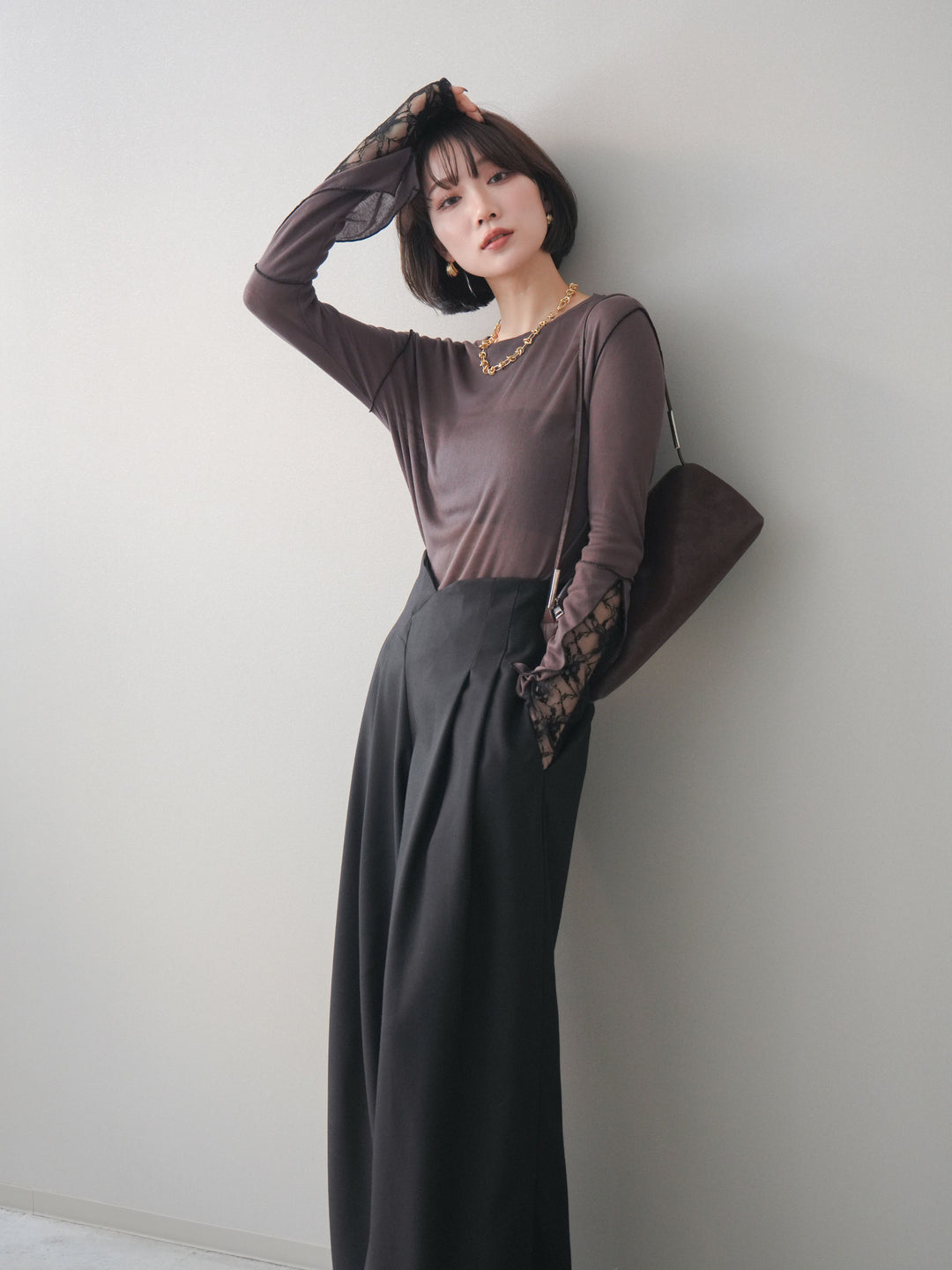 [予約]袖レースレイヤードデザインメロートップス/brown