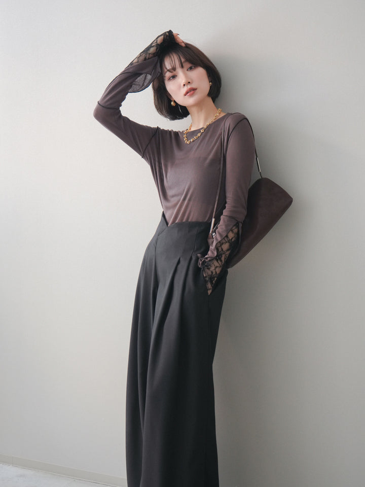 [予約]袖レースレイヤードデザインメロートップス/brown