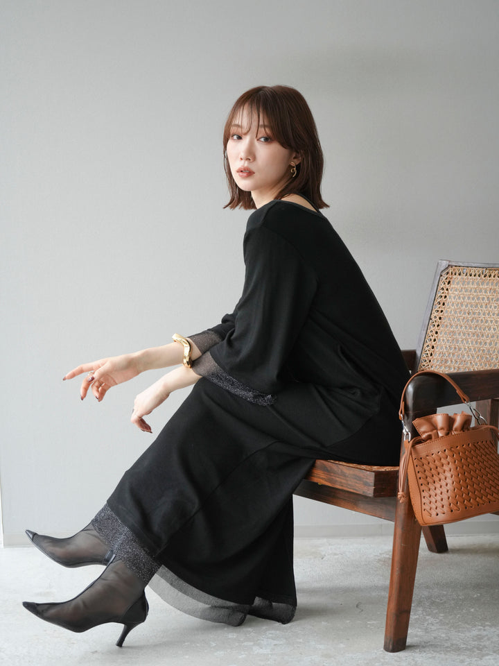 [予約]デザインネックラメシアー切替ニットワンピース/ブラック