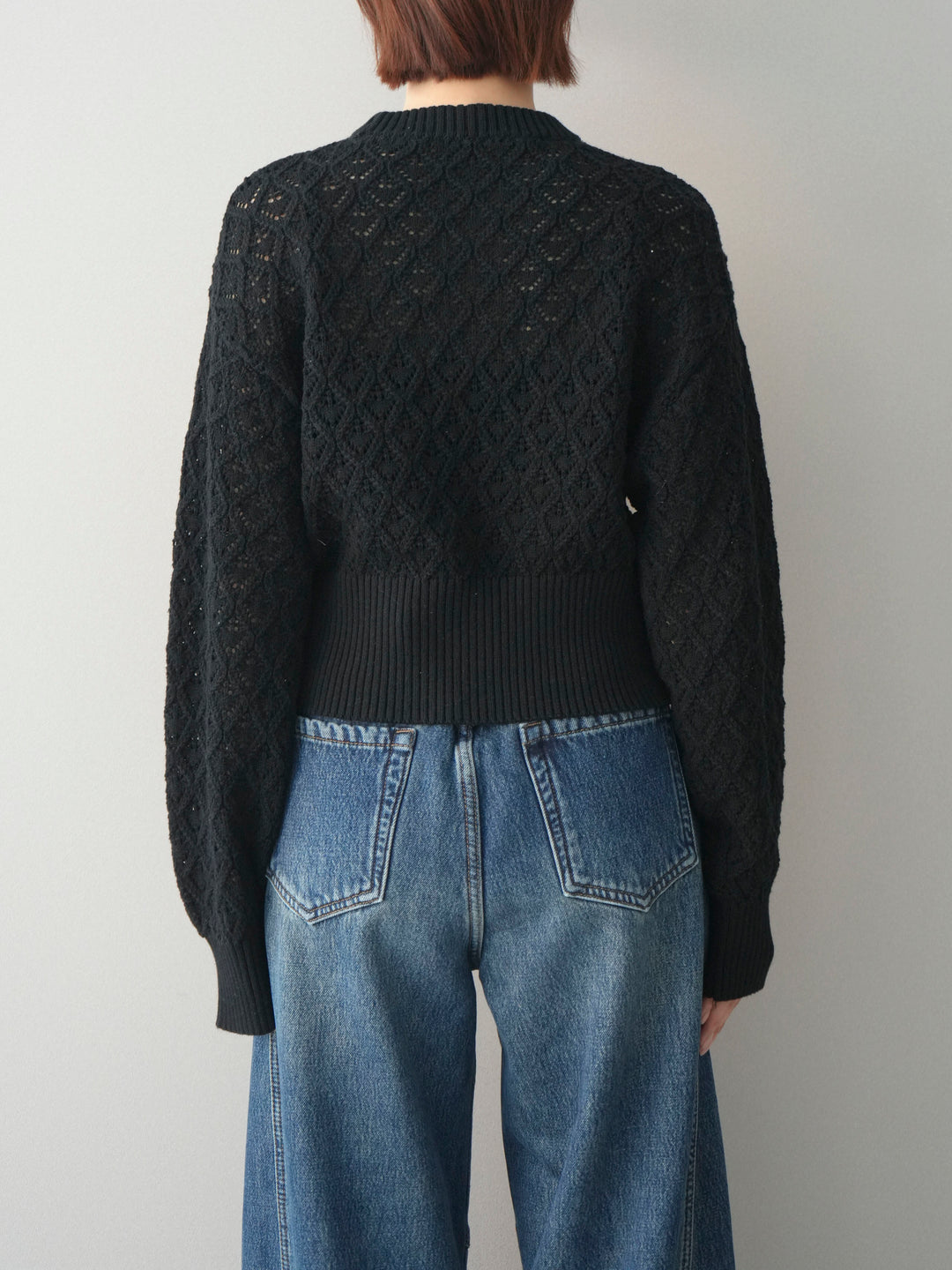 [予約]透かし編みフロントジップスリットニットプルオーバー/black