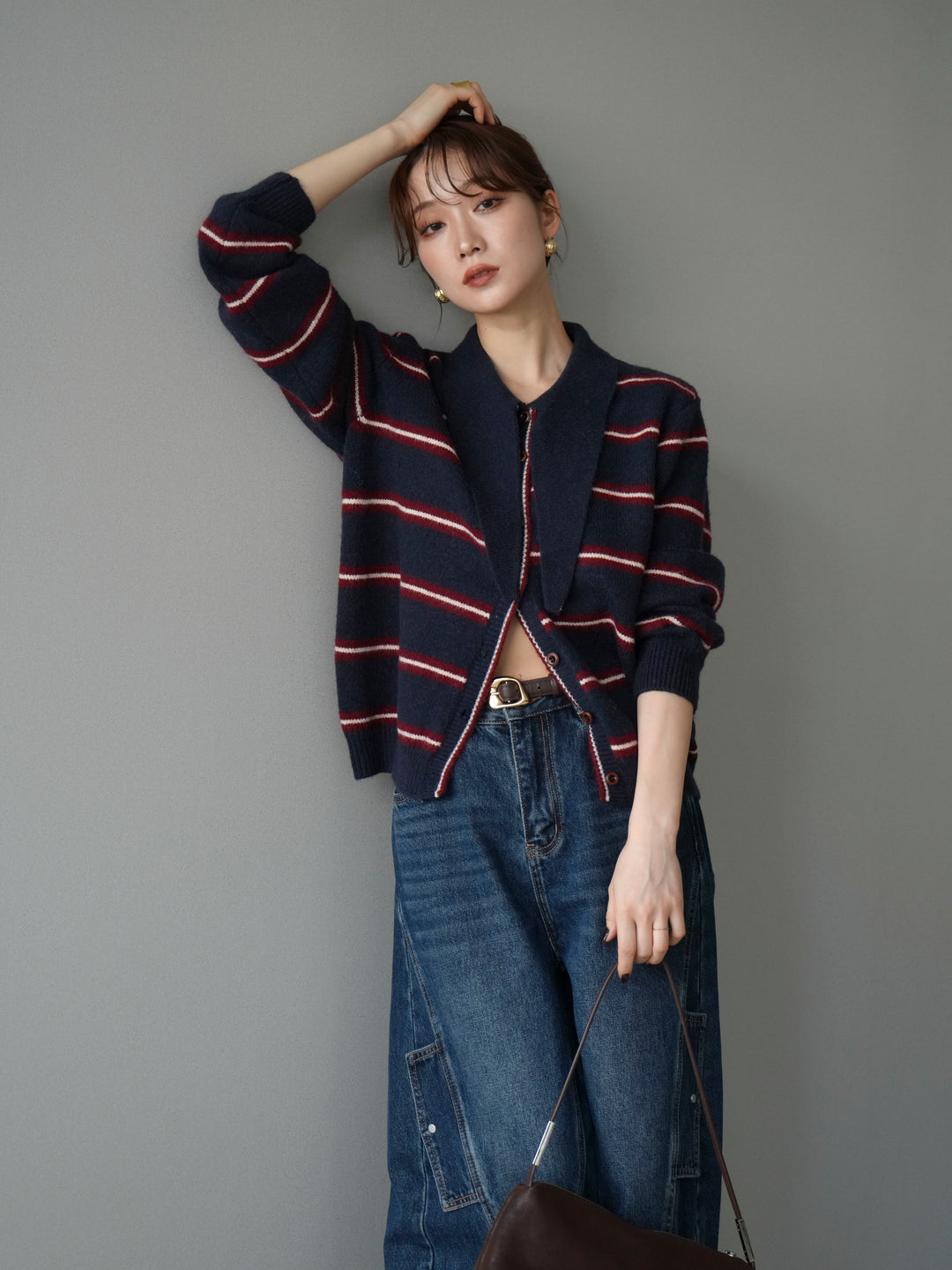 [予約]ボウタイボーダーニットカーディガン/navy