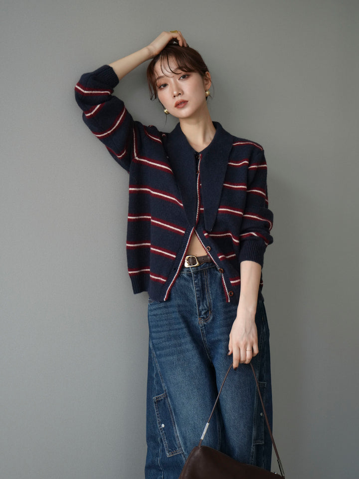 [予約]ボウタイボーダーニットカーディガン/navy