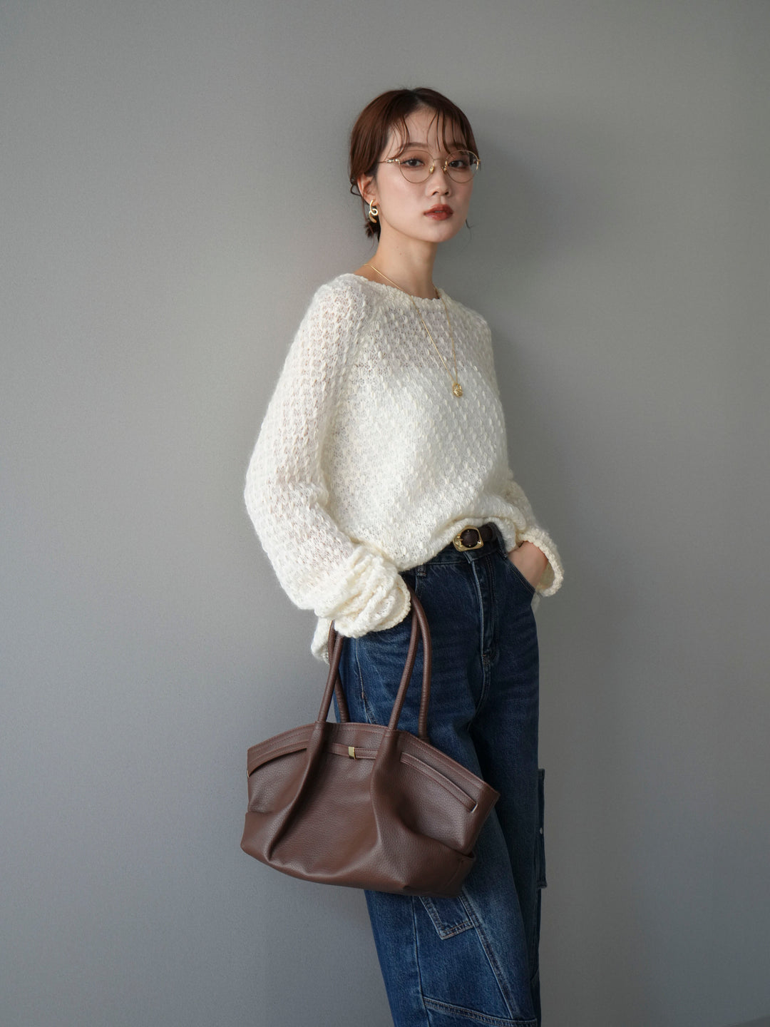 [予約]透かし編みモヘアタッチポコポコニットプルオーバー/ivory