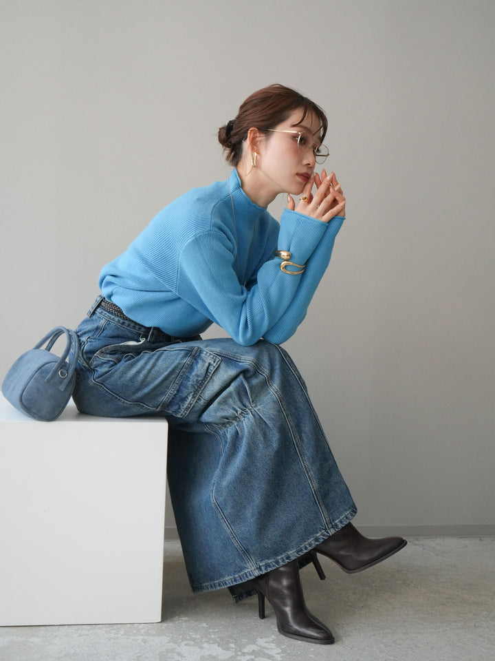 [予約]ボトルネック裾カールリブニットトップス/blue