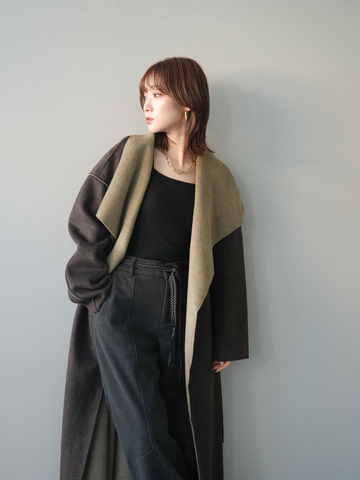 [予約]ダブルフェイスバイカラーロングコート/khaki