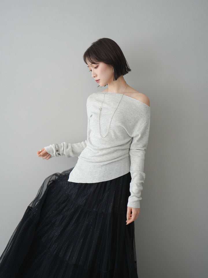 [予約]ラインストーンアシンメトリーニットトップス/gray