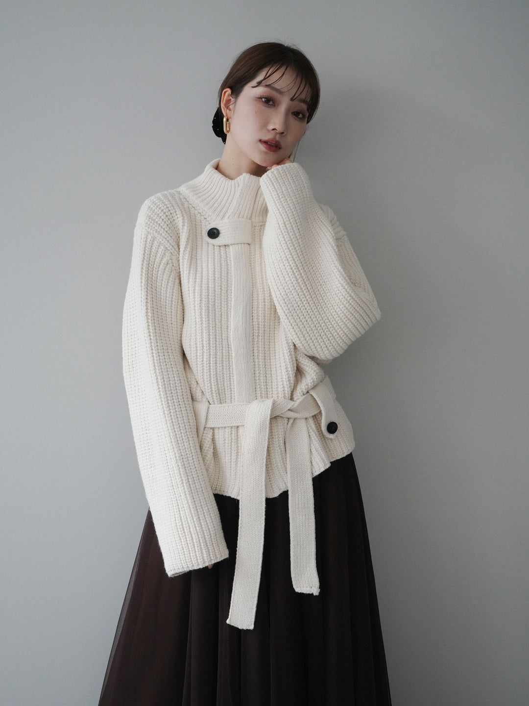 [予約]畦編みボトルネックZIPニットカーディガン/white