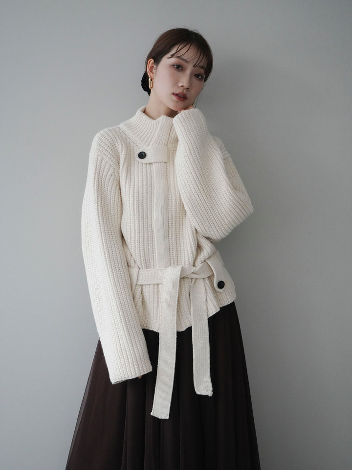 [予約]畦編みボトルネックZIPニットカーディガン/white