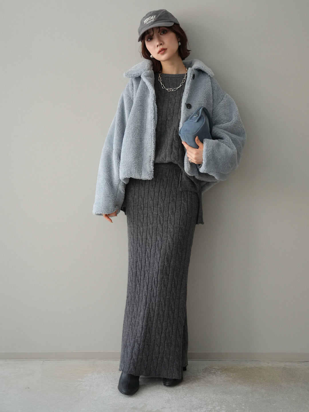 [SET]エコファーステンカラージャケット+ストール付ケーブルニットプルオーバー&ロングスカートSET UP(2set)