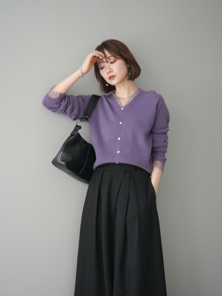 [SET]ドットチュールレイヤードボタンニットトップス+テープベルトタックバギーパンツ(2set)