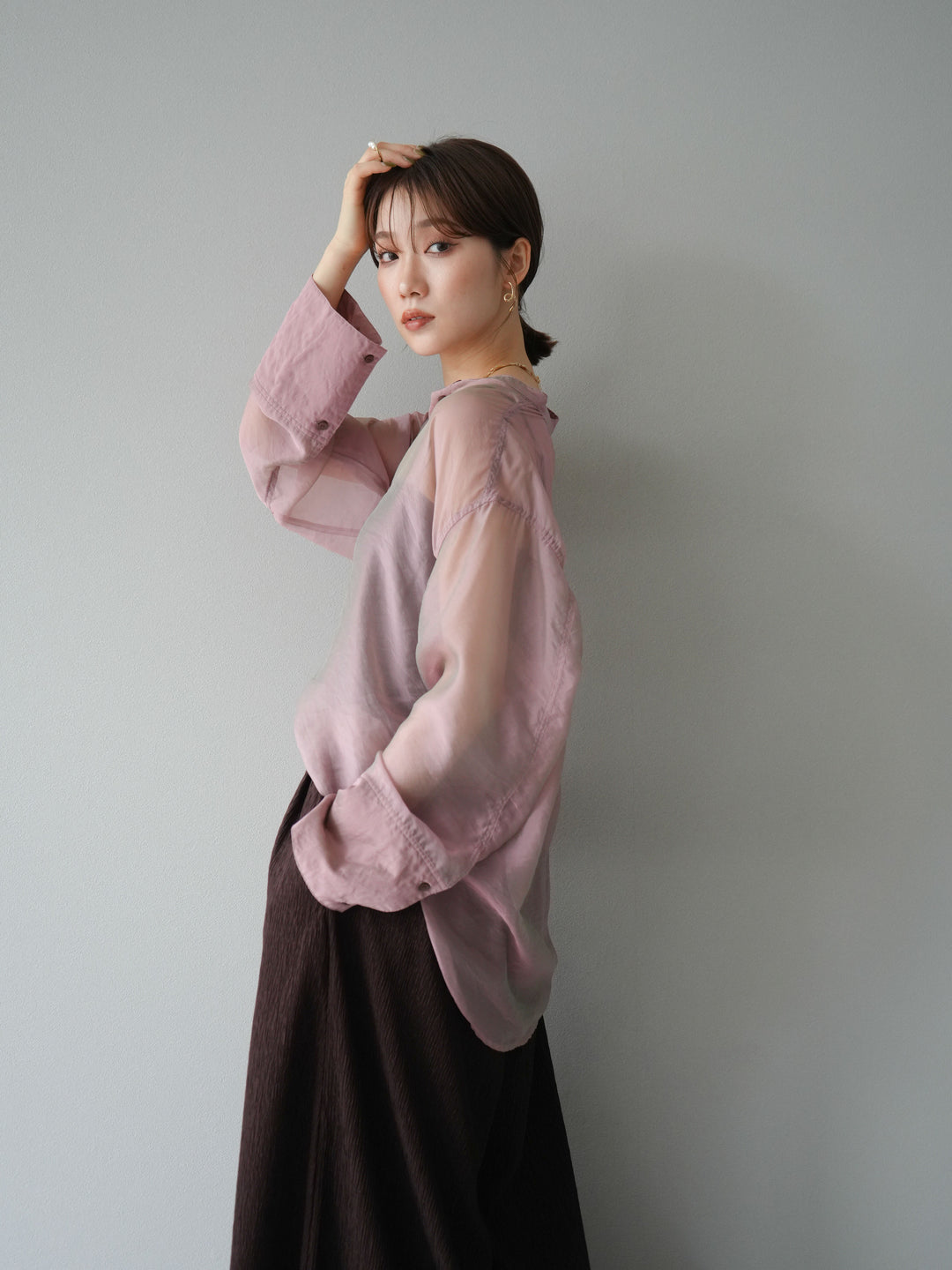 [SET] 亮面透視立領襯衫 + 柳葉寬褲 (2set)