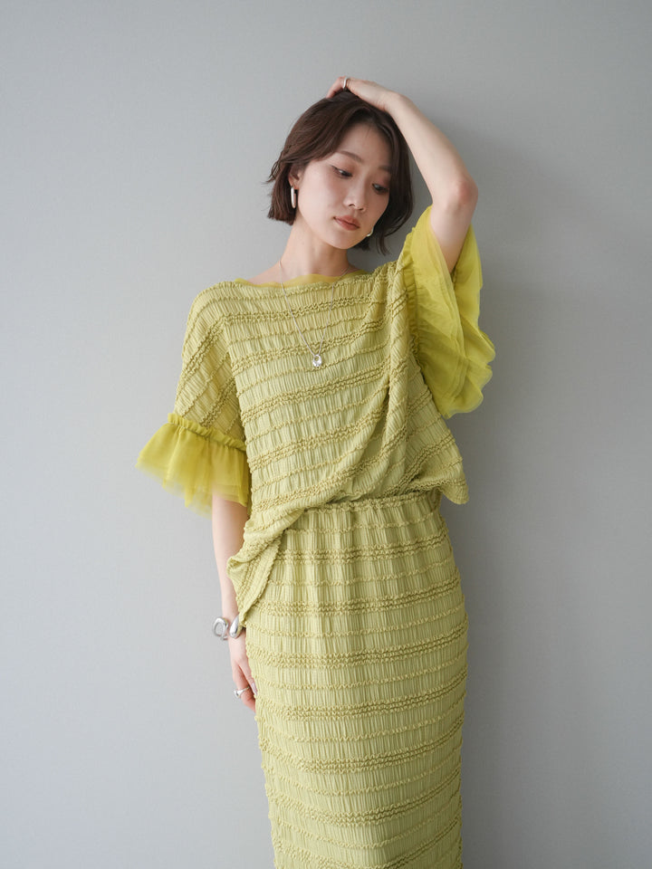 [SET]チュール袖リップルトップス+リップルIラインスカート(2set)