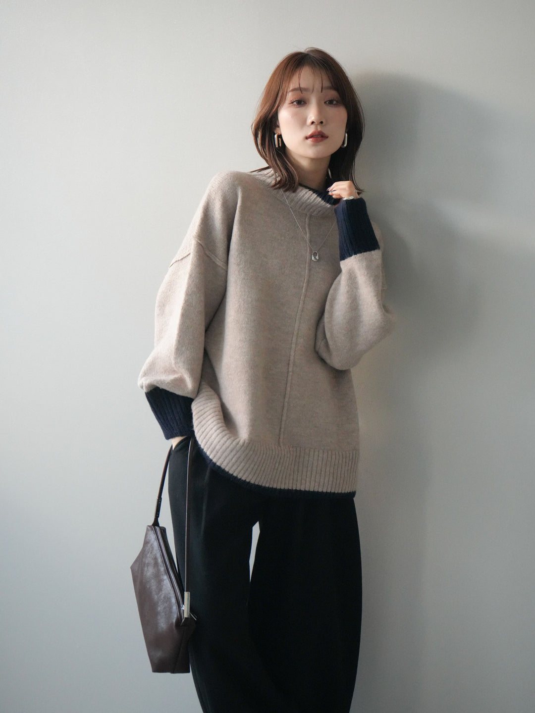 [SET]配色ハイネックニットプルオーバー+アニマル柄ベルト付きウールタッチワイドパンツ(2set)