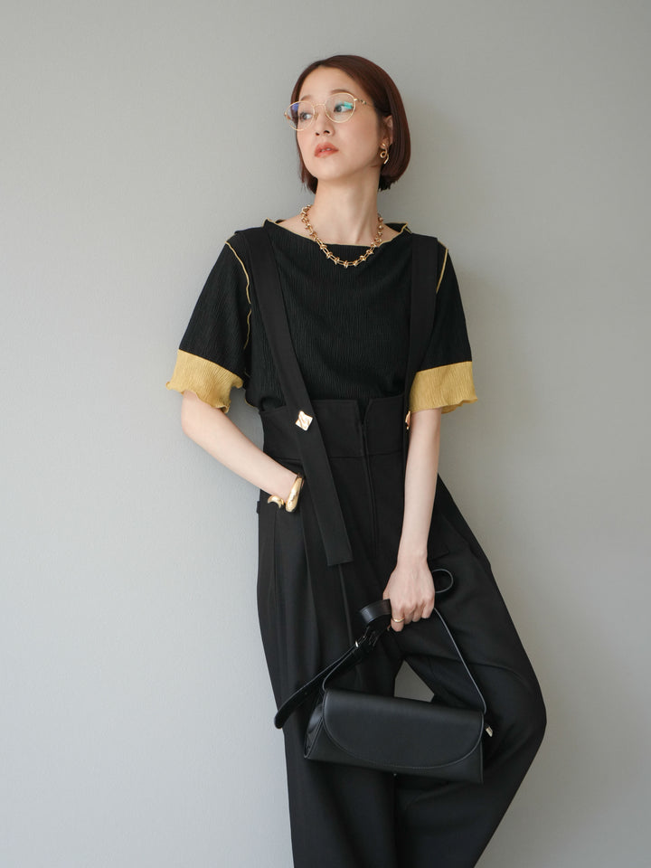 [SET]プリーツ配色ボートネックプルオーバー+ゴールドボタンサスペンダーワイドパンツ(2set)