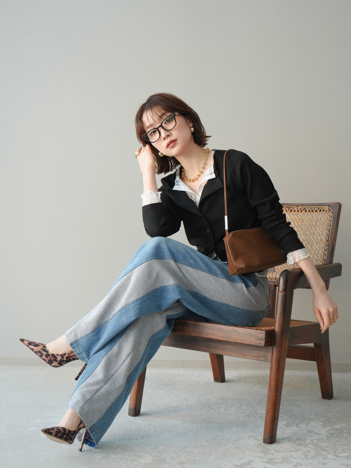 [SET]レースドッキングテレコリブカーディガン+デニム切替スウェットパンツ(2set)