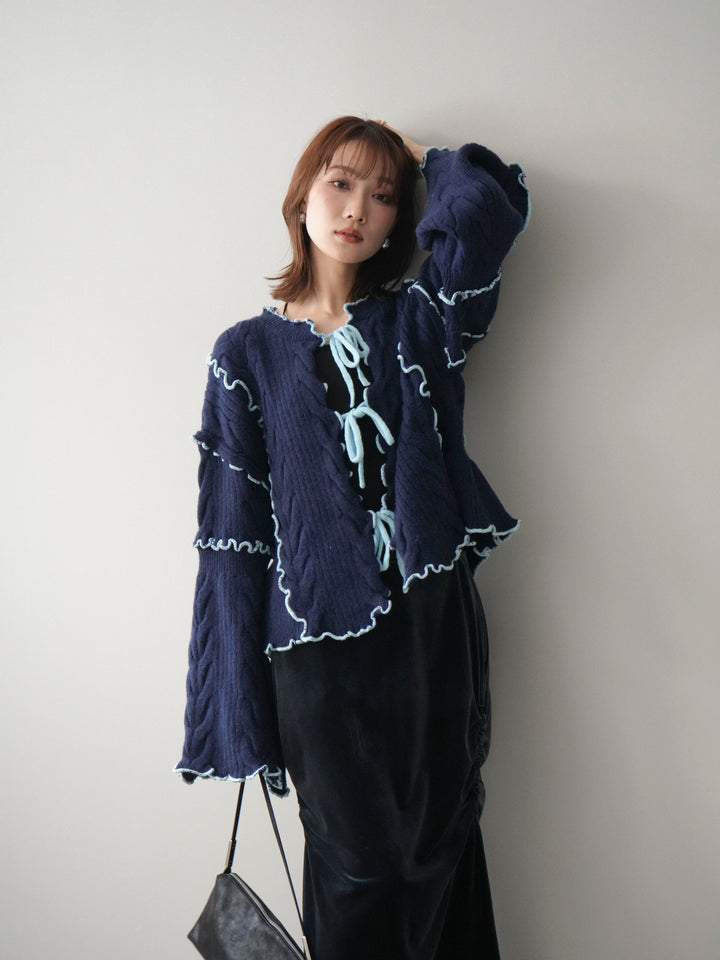 [予約]フロントリボン配色メローニットカーディガン/navy