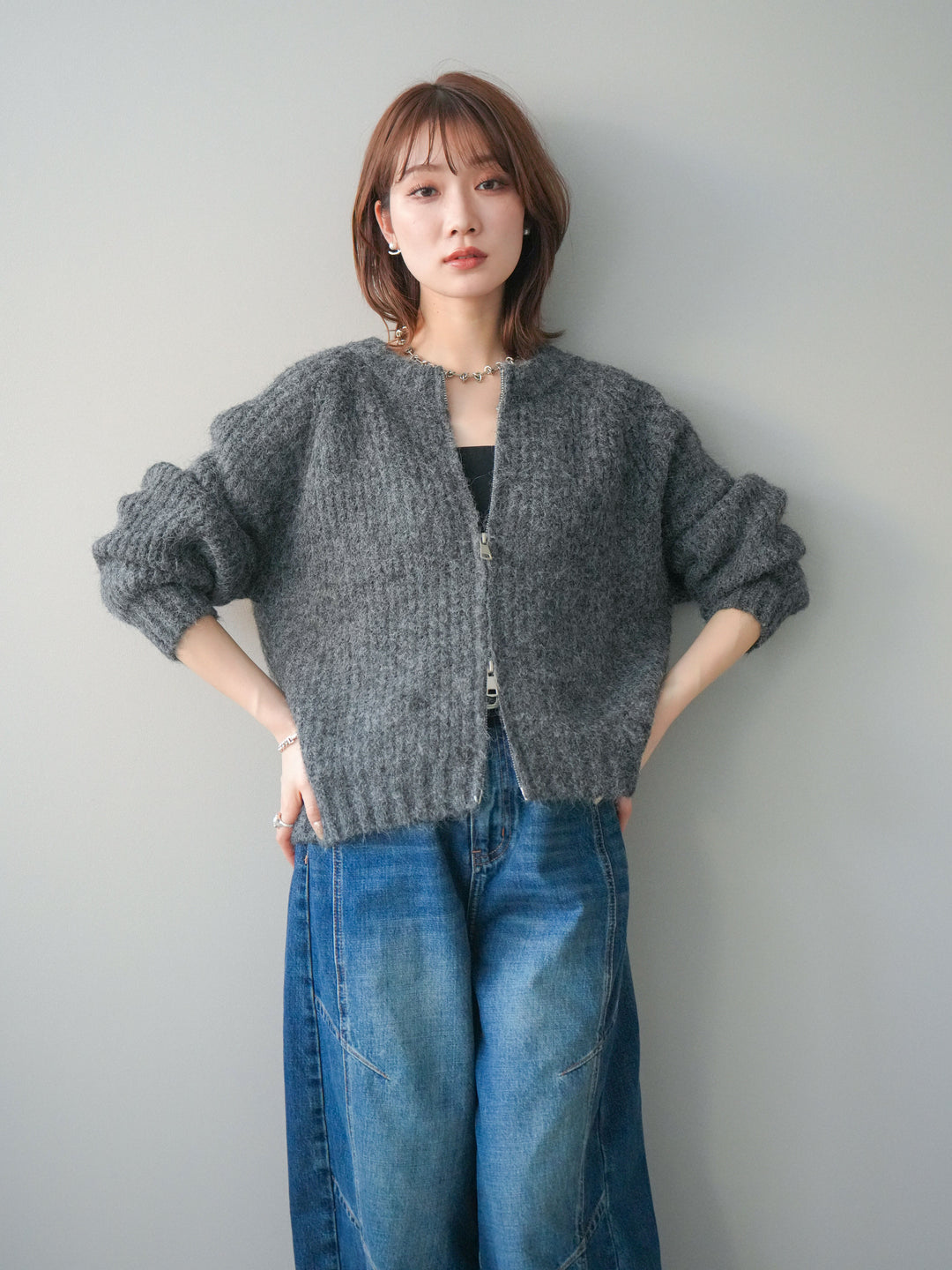 [予約]MIXヤーンモヘアタッチZIPニットカーディガン/gray