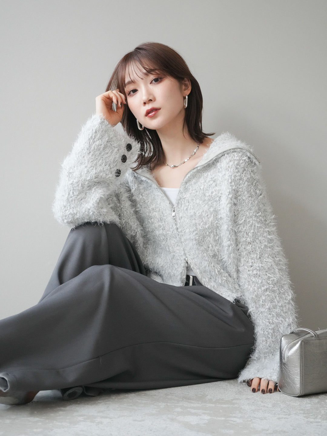 [予約]ミックスシャギージップニットカーディガン/ivory