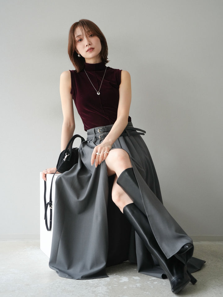 [SET]シアーベロアプチネックノースリーブトップス+エステルプリーツスリットスカート(2set)