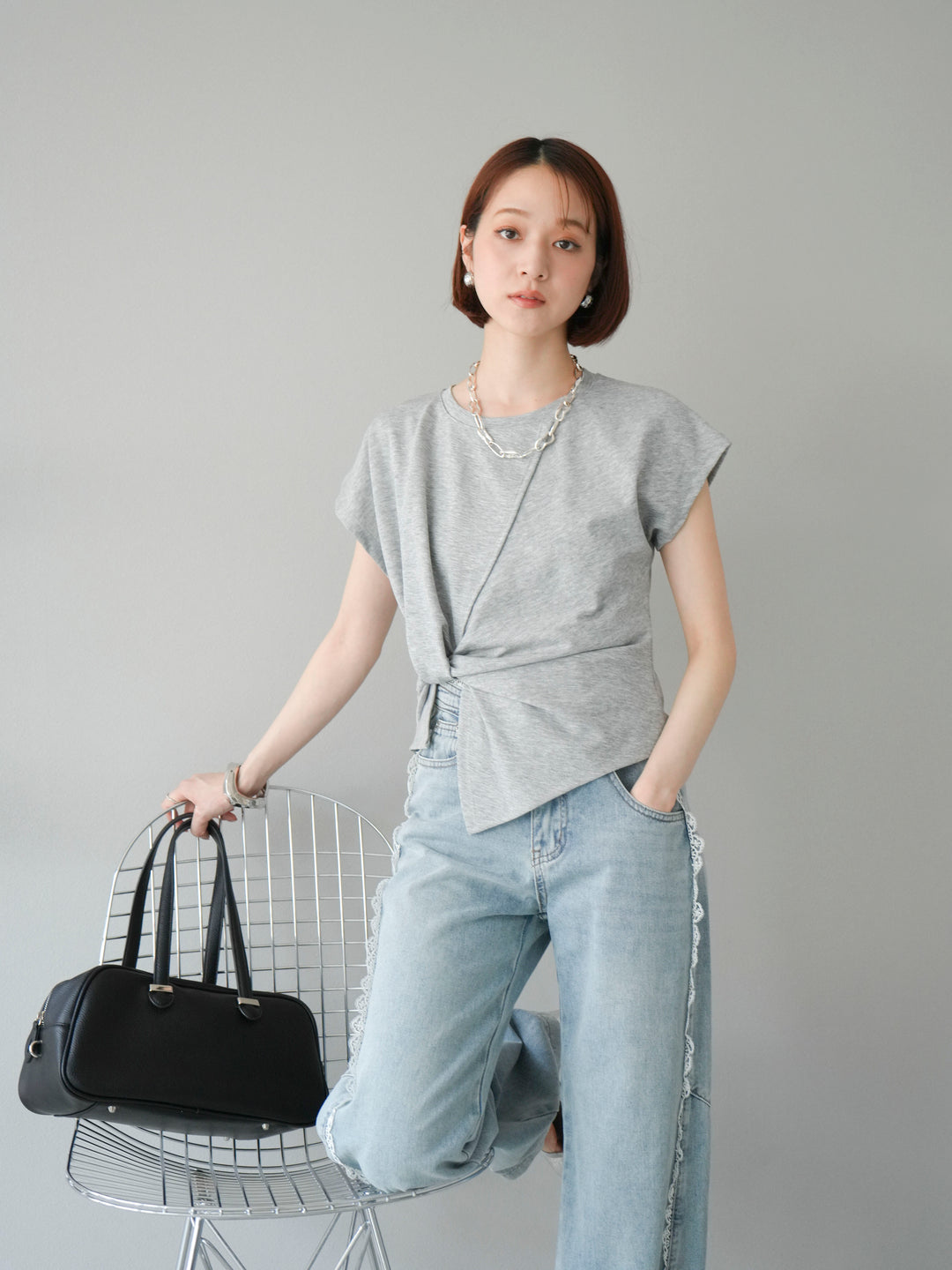 [予約]カシュクールTシャツ＆コームネックレスSET /グレー