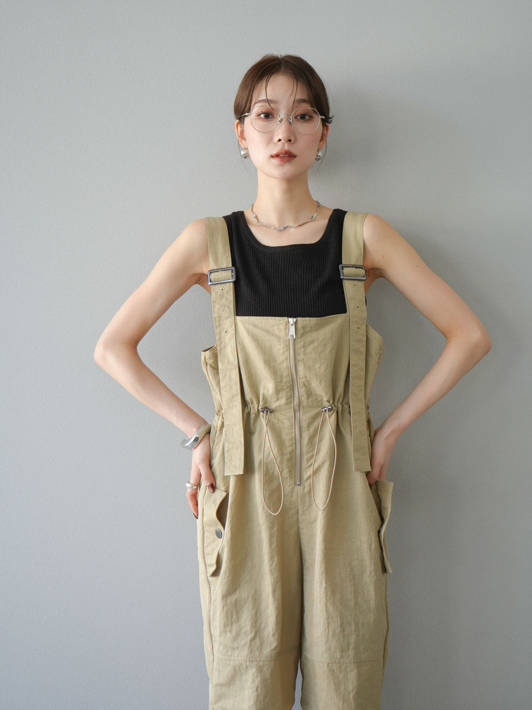 [予約]ナイロンタックデザインサロペット/ベージュ