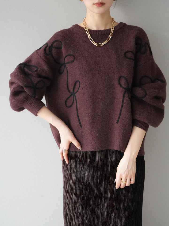 [予約]コード刺繍ルーズニットプルオーバー/ブラウン