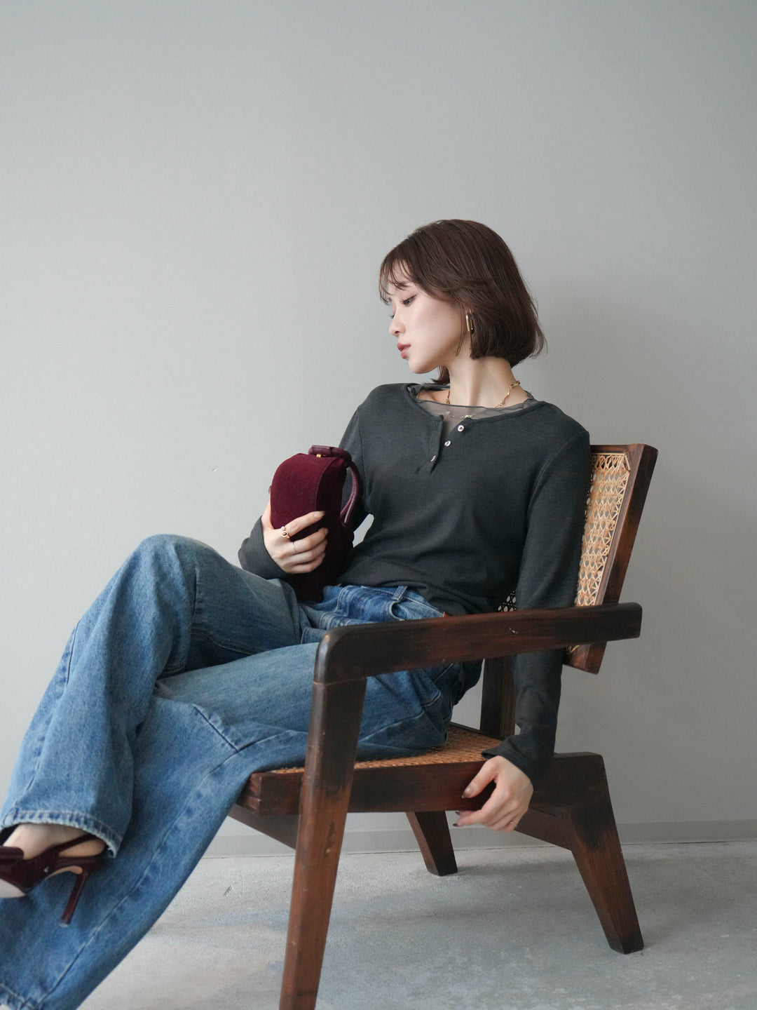 [予約]チュールレイヤードヘンリーネックカットソー/charcoal