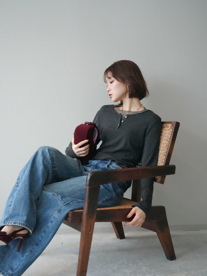 [予約]チュールレイヤードヘンリーネックカットソー/charcoal