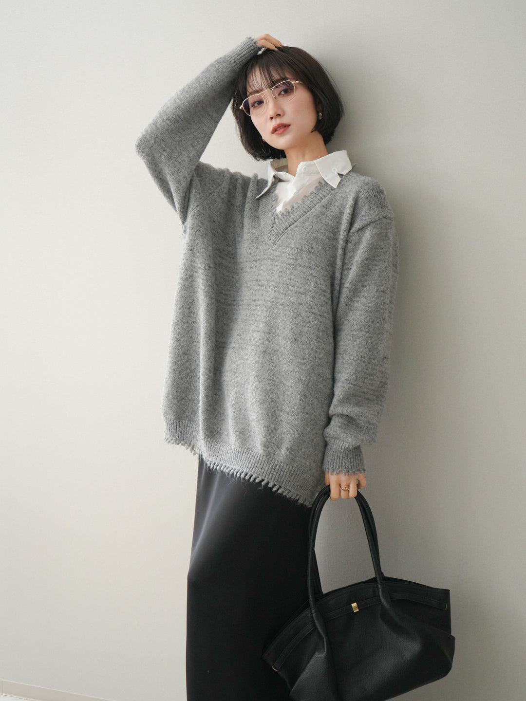 [予約]シャツドッキングVネックフリンジニットプルオーバー/gray