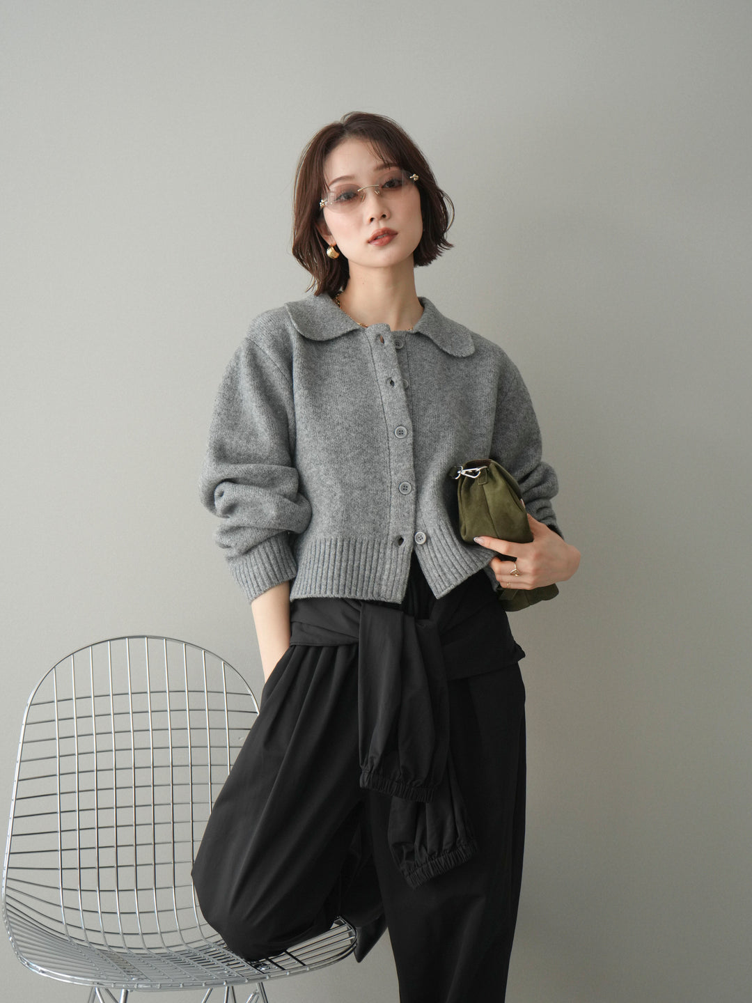 [予約]メランジニット襟付きクロップドカーディガン/gray