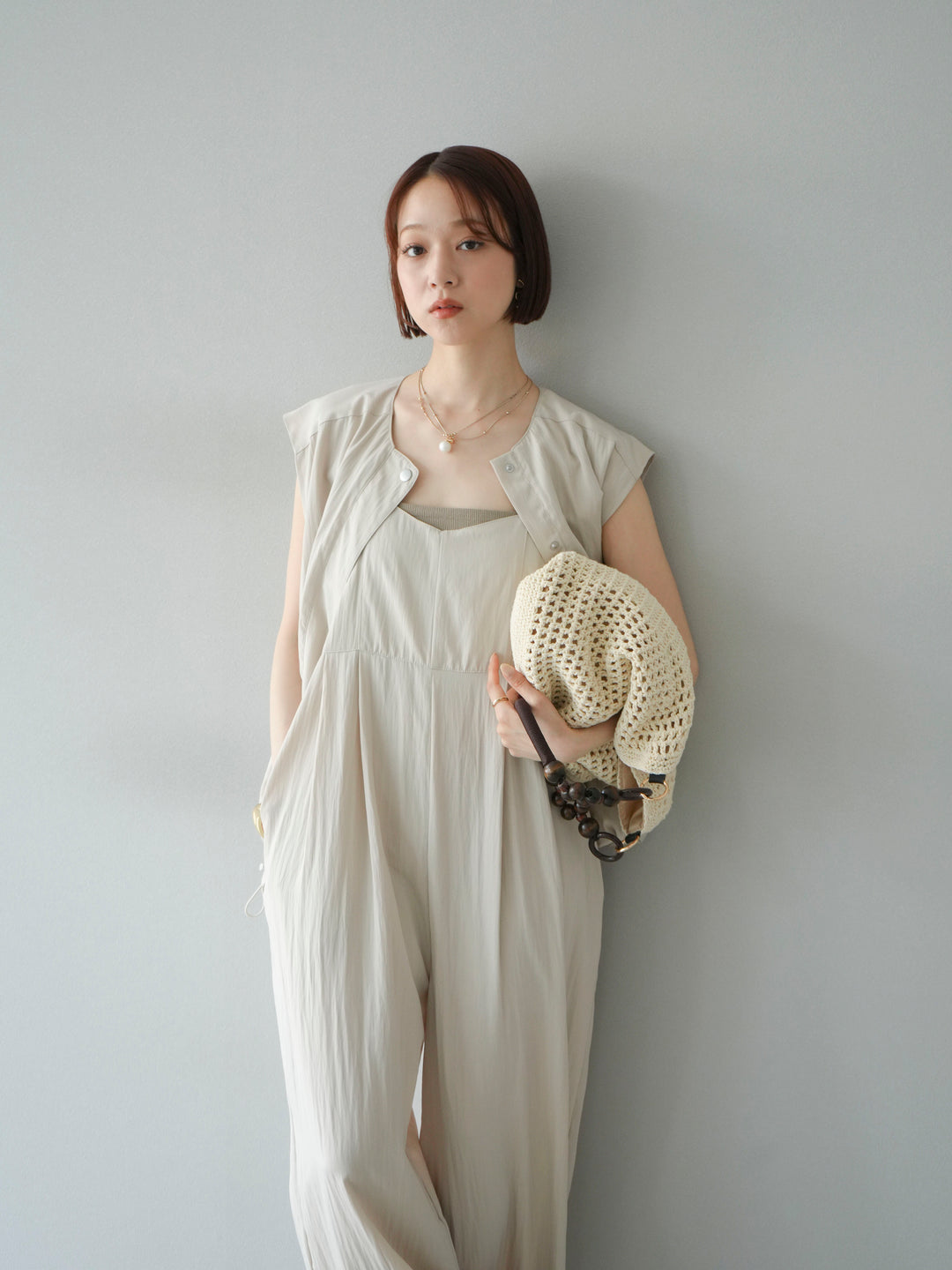 [SET]リネンライクビスチェデザインサロペット+リネンライクドロストバルーンブルゾン(2set)