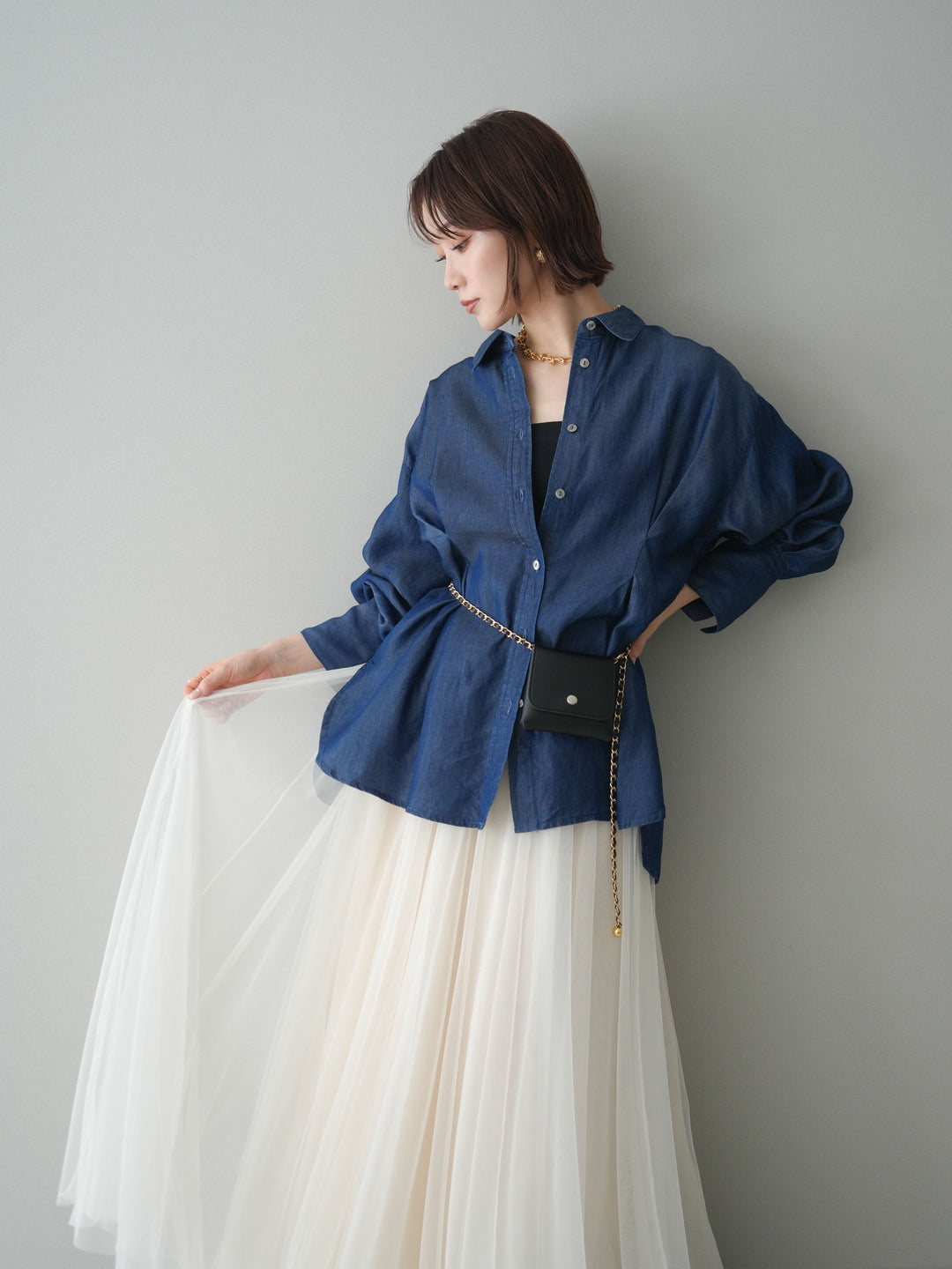 [予約]テンセルデニムタックシャツ/navy