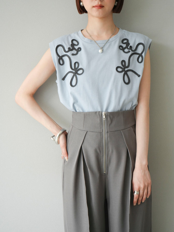 [SET]コード刺繍フレンチスリーブTシャツ+ジップタックワイドパンツ(2set)
