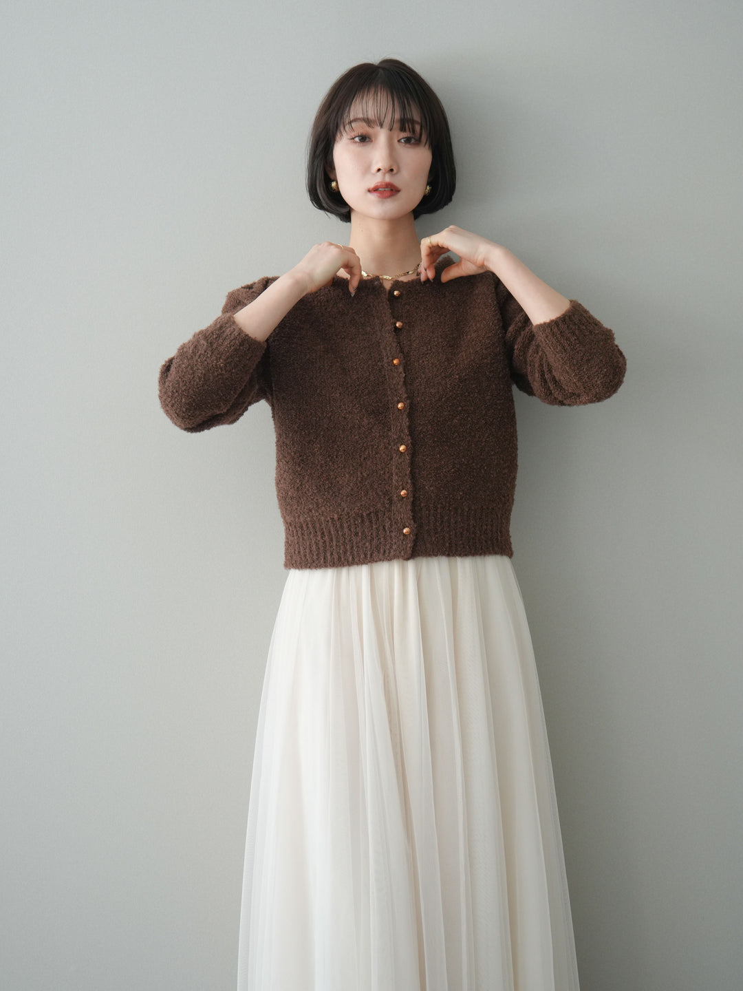 [SET]ゴールドボタンブークレニットカーディガン+チュールボリュームスカート(2set)