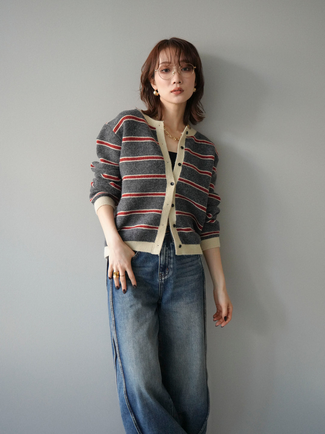 [予約]配色ボーダーニットカーディガン/gray