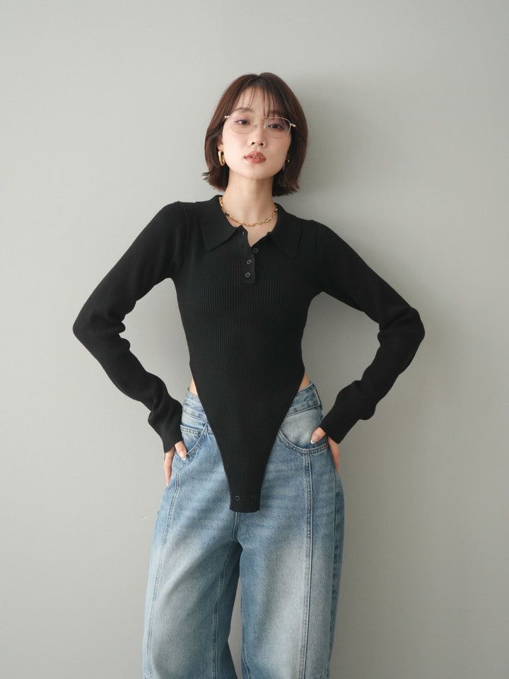 [予約]リブポロニットボディスーツ/black