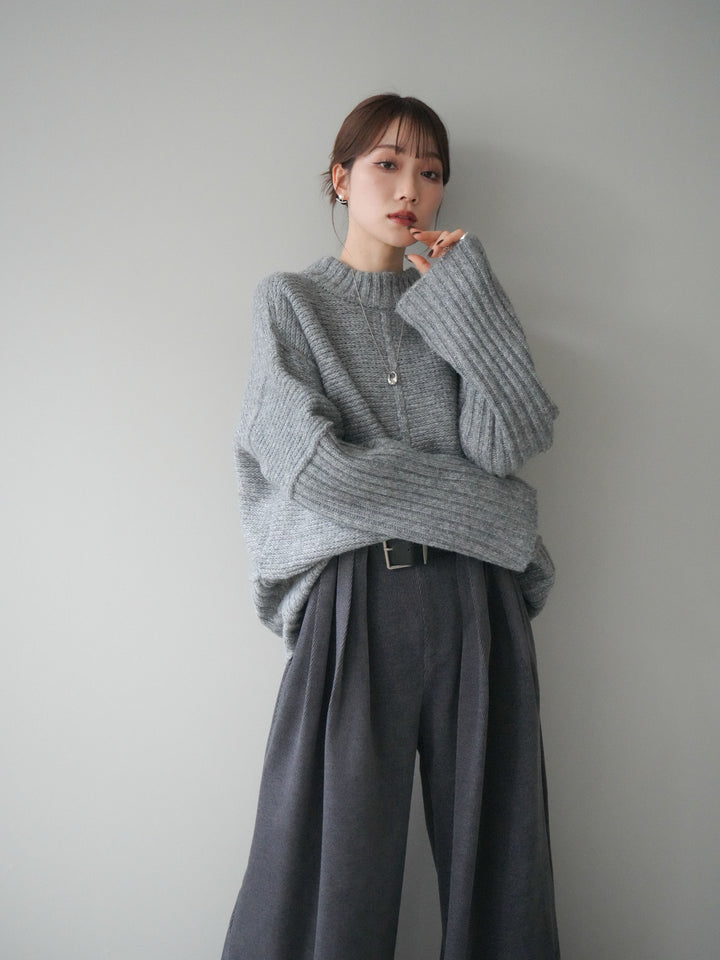 [SET]編み地切替ボトルネックニットプルオーバー+ベルトデザインループコールテンワイドパンツ(ベルト付き)(2set)