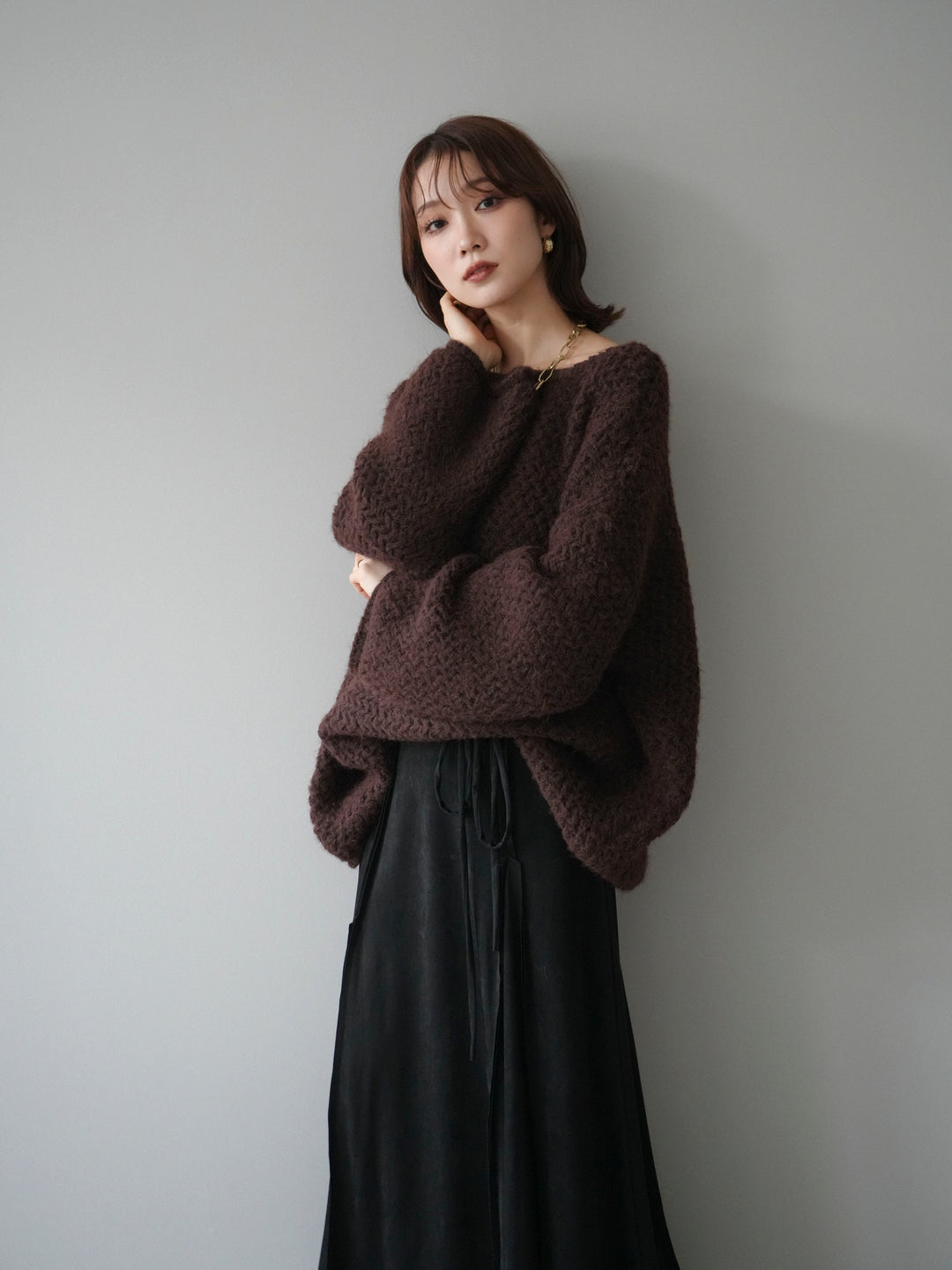 [予約]ワッフル編みオーバーニットプルオーバー/brown