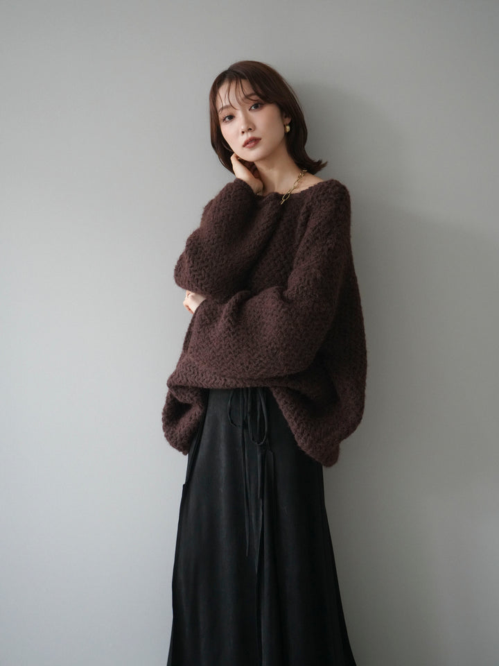 [予約]ワッフル編みオーバーニットプルオーバー/brown