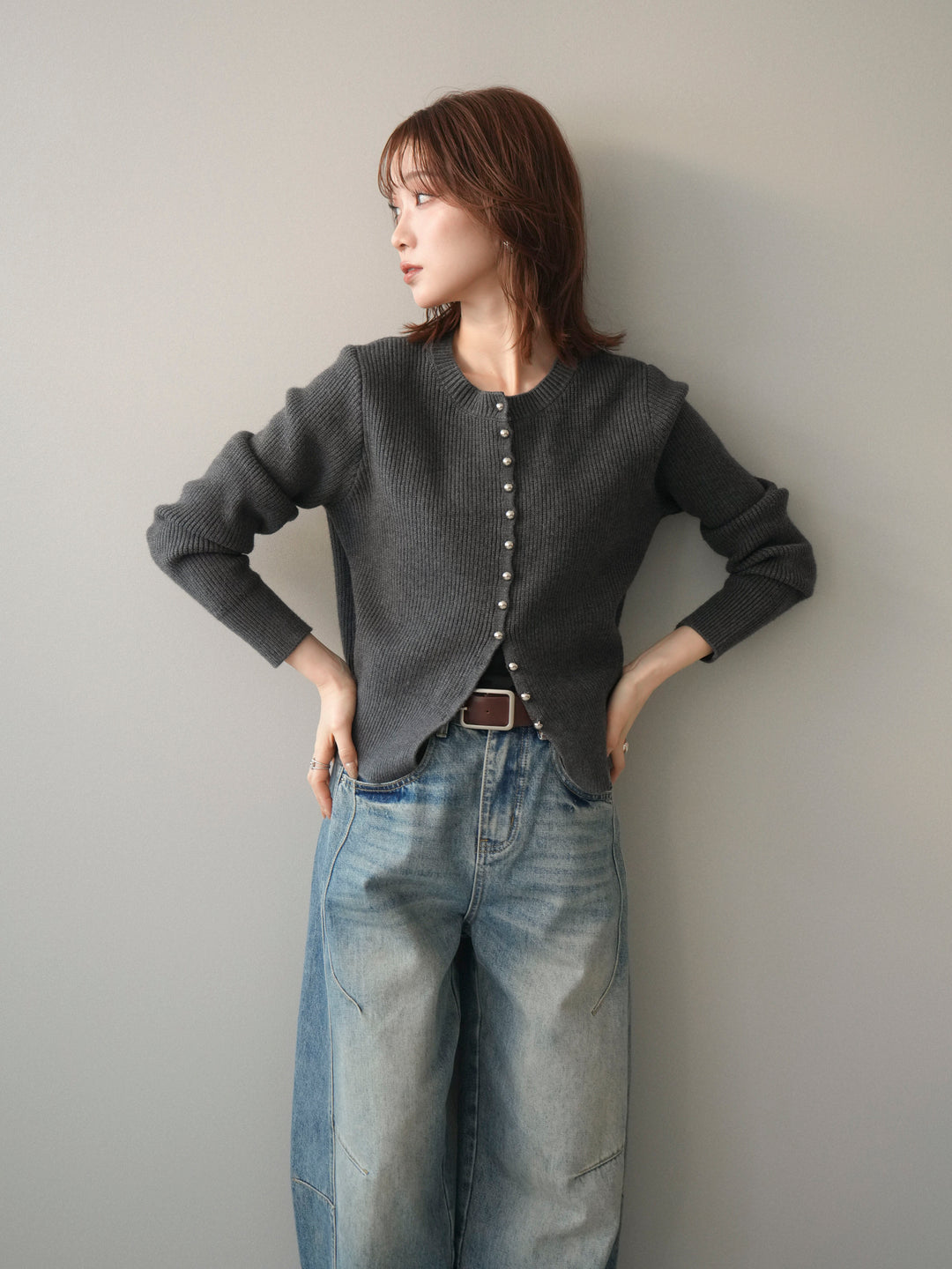 [予約]シルバーボタン畦編みニットカーディガン/charcoal