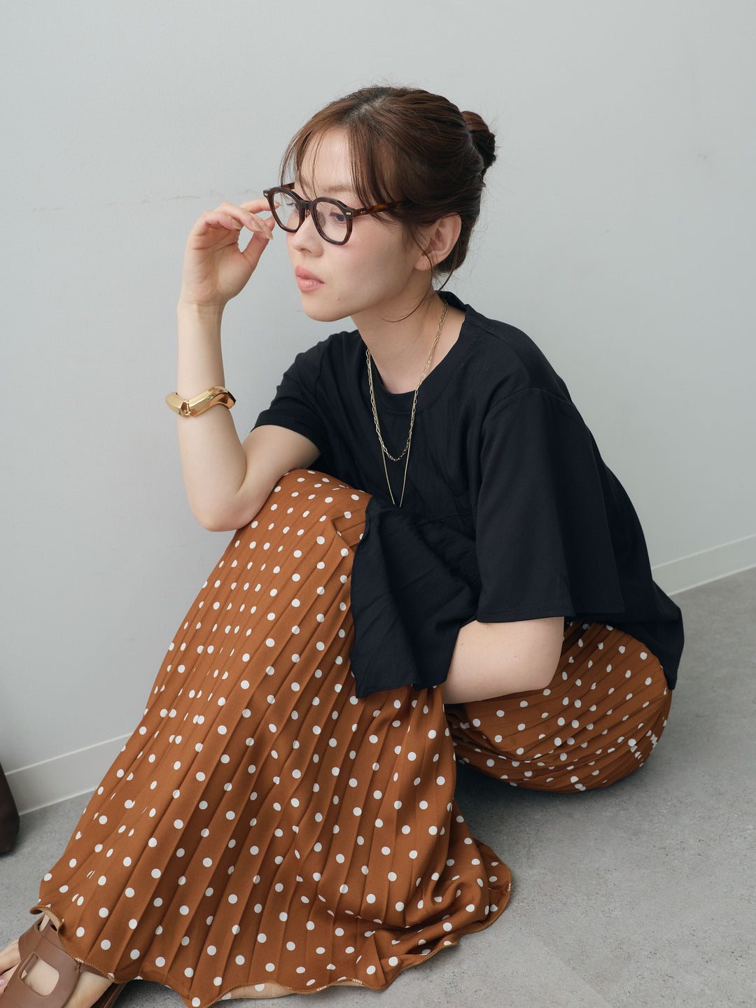 [SET]ラッフルドッキングTEE+ドットアコーディオンプリーツスカート(2set)
