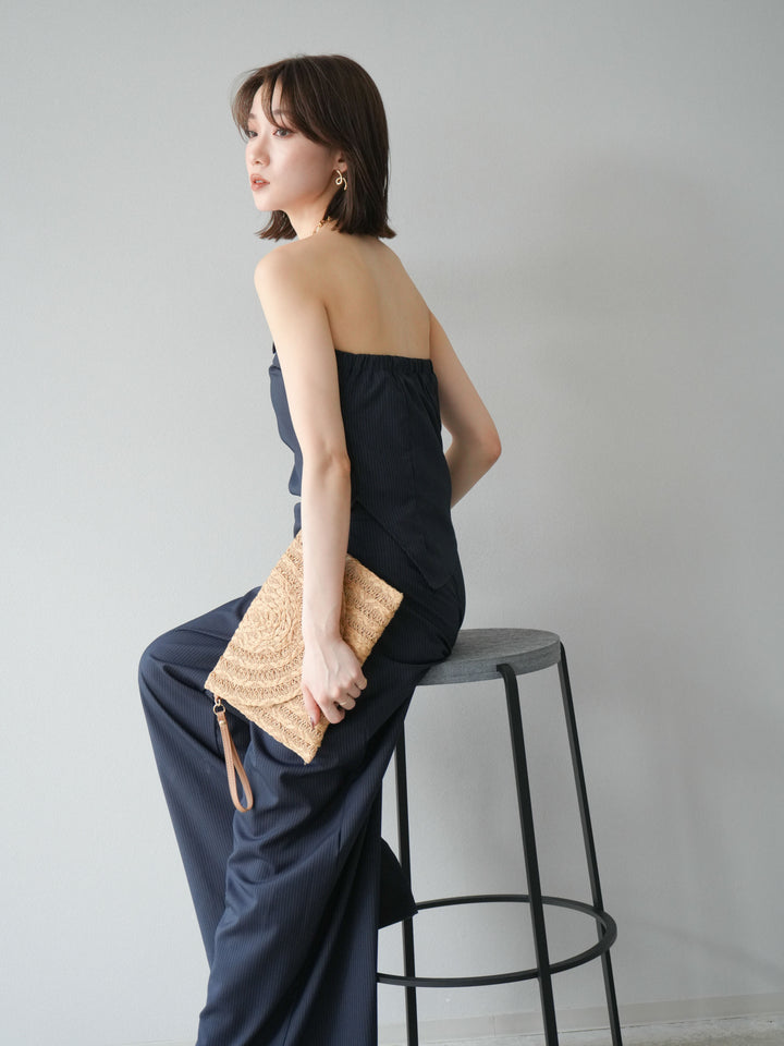 [SET] 條紋褶襉露肩上衣＆寬褲 SET UP (2set)